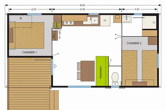 Mobil-home 4 personnes 2 chambres au Camping Loire et Châteaux à Bréhémont en Indre et Loire proche de Tours et Saumur, près des châteaux de La Loire